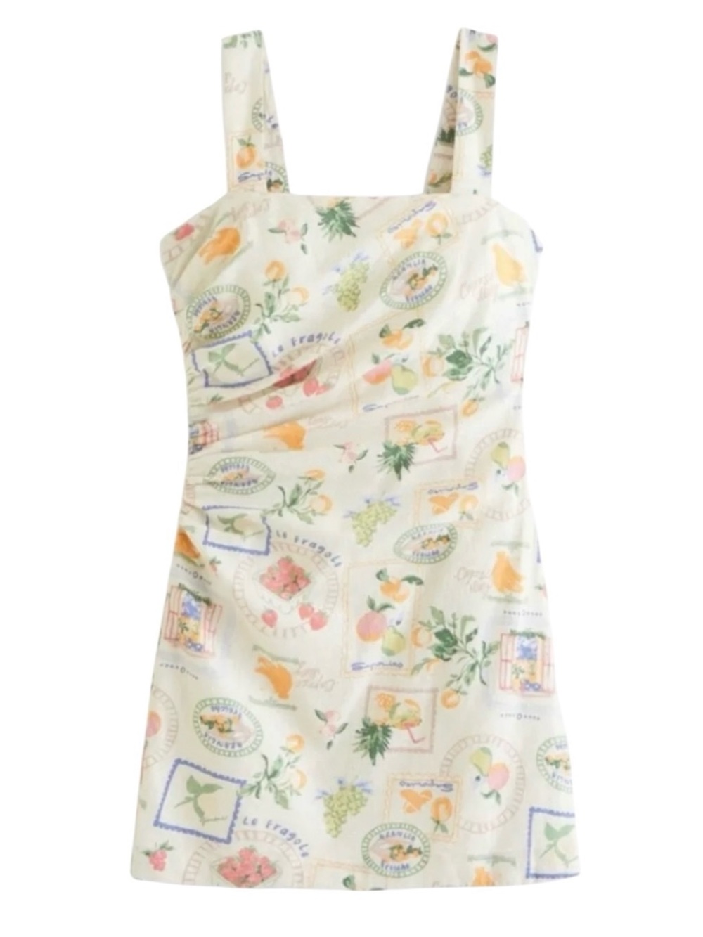 Abercrombie Linen Blend Ruched Squareneck Mini Dress Cream Italia Print XXL